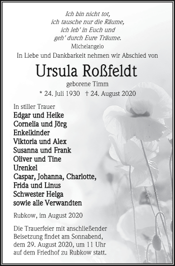 Traueranzeige von Ursula Roßfeldt von Vorpommern Kurier