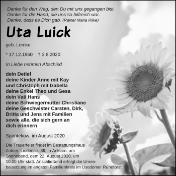 Traueranzeige von Uta Luick von Vorpommern Kurier