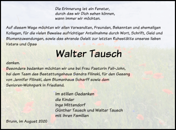 Traueranzeige von Walter Tausch von Neubrandenburger Zeitung