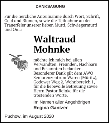 Traueranzeige von Waltraud Mohnke von Müritz-Zeitung