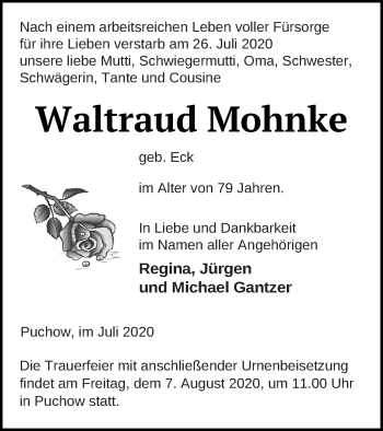 Traueranzeige von Waltraud Mohnke von Müritz-Zeitung