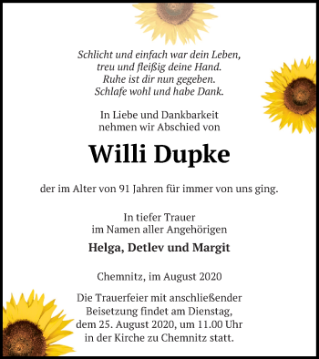 Traueranzeige von Willi Dupke von Neubrandenburger Zeitung