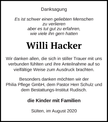 Traueranzeige von Willi Hacker von Mecklenburger Schweiz