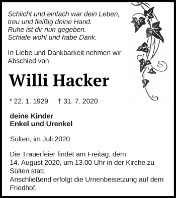 Traueranzeige von Willi Hacker von Mecklenburger Schweiz