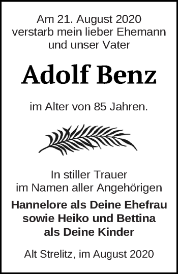 Traueranzeige von Adolf Benz von Strelitzer Zeitung