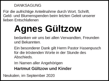 Traueranzeige von Agnes Gültzow von Mecklenburger Schweiz