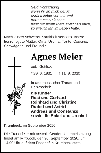 Traueranzeige von Agnes Meier von Strelitzer Zeitung