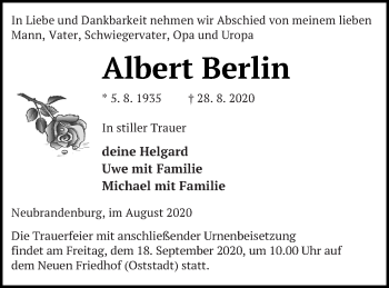 Traueranzeige von Albert Berlin von Neubrandenburger Zeitung