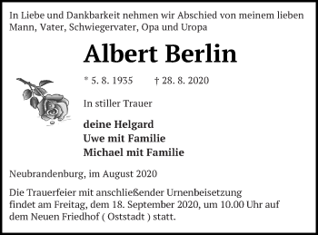 Traueranzeige von Albert Berlin von Neubrandenburger Zeitung