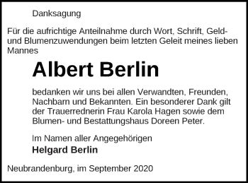 Traueranzeige von Albert Berlin von Neubrandenburger Zeitung