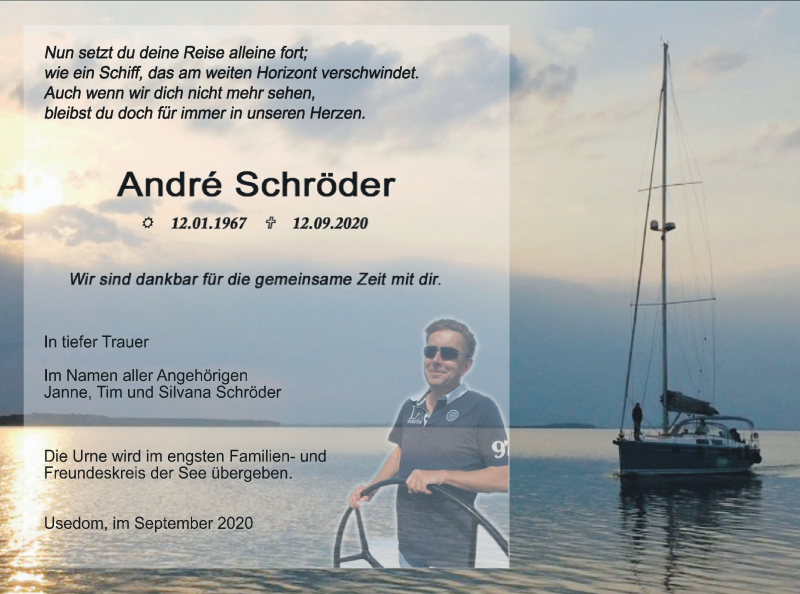  Traueranzeige für Andre Schröder vom 26.09.2020 aus Vorpommern Kurier