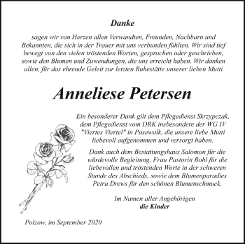 Traueranzeige von Anneliese Petersen von Pasewalker Zeitung