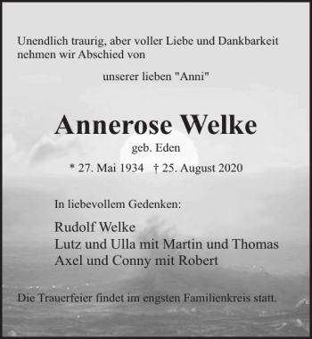 Traueranzeige von Annerose Welke von Norddeutsche Neueste Nachrichten