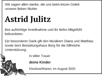 Traueranzeige von Astrid Julitz von Müritz-Zeitung