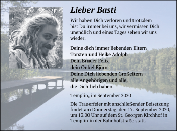 Traueranzeige von Basti  von Templiner Zeitung