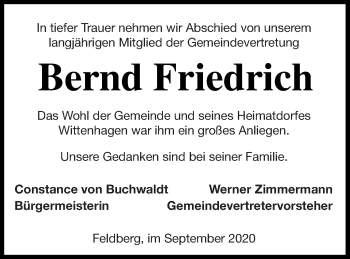 Traueranzeige von Bernd Friedrich von Strelitzer Zeitung