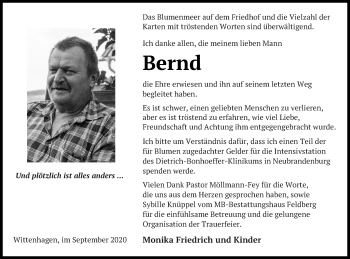 Traueranzeige von Bernd Friedrich von Strelitzer Zeitung