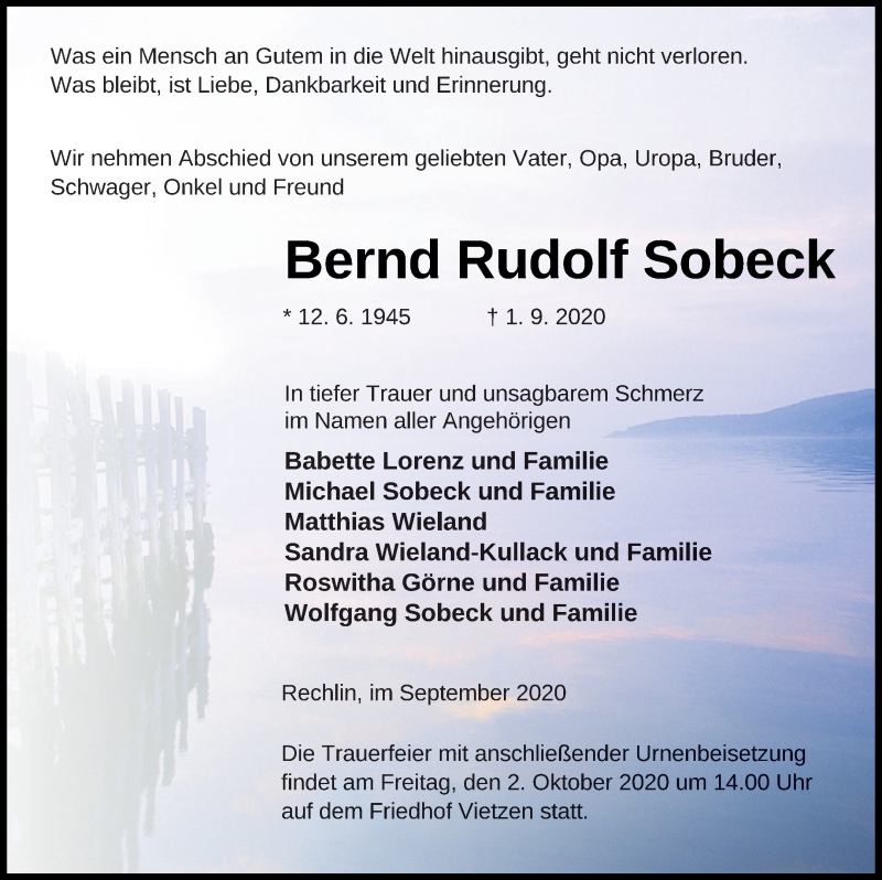  Traueranzeige für Bernd Rudolf Sobeck vom 25.09.2020 aus Müritz-Zeitung