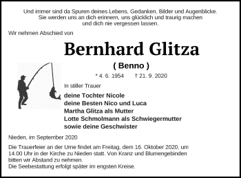 Traueranzeige von Bernhard Glitza von Pasewalker Zeitung