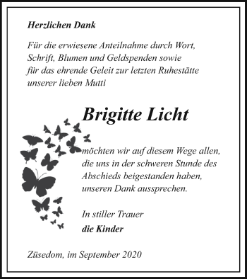 Traueranzeige von Brigitte Licht von Pasewalker Zeitung