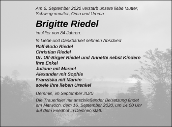 Traueranzeige von Brigitte Riedel von Demminer Zeitung