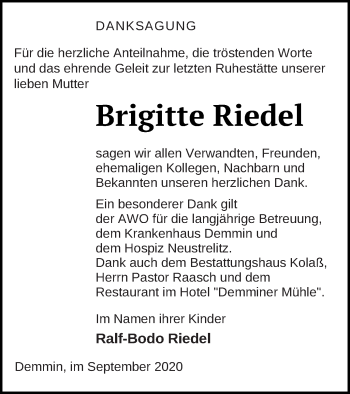 Traueranzeige von Brigitte Riedel von Demminer Zeitung