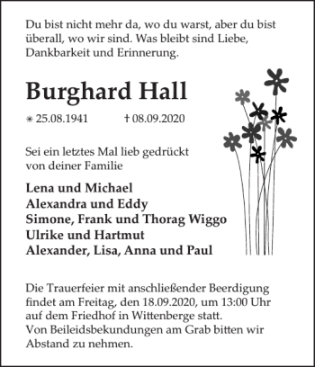 Traueranzeige von Burghard Hall von Der Prignitzer