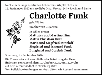 Traueranzeige von Charlotte Funk von Pasewalker Zeitung