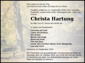 Traueranzeige von Christa Hartung von Prenzlauer Zeitung