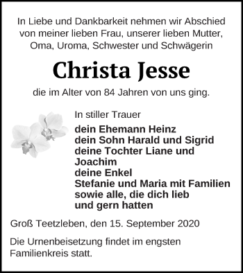 Traueranzeige von Christa Jesse von Neubrandenburger Zeitung