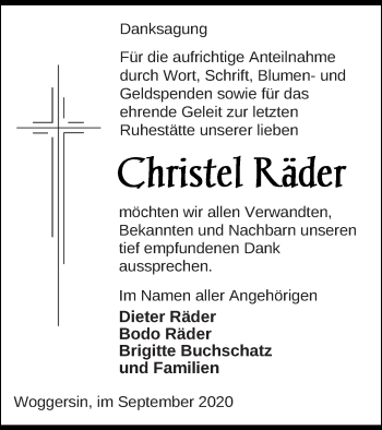 Traueranzeige von Christel Räder von Neubrandenburger Zeitung