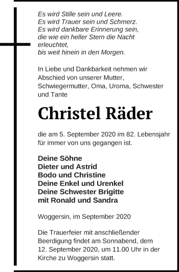 Traueranzeige von Christel Räder von Neubrandenburger Zeitung