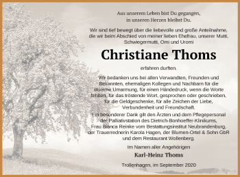 Traueranzeige von Christiane Thoms von Neubrandenburger Zeitung