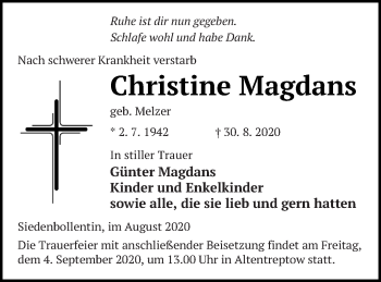 Traueranzeige von Christine Magdans von Neubrandenburger Zeitung