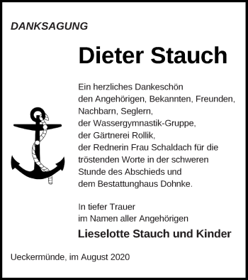 Traueranzeige von Dieter Stauch von Haff-Zeitung