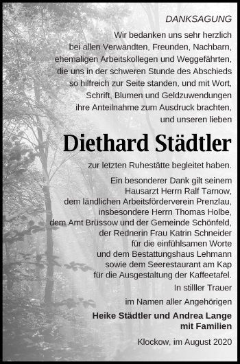 Traueranzeige von Diethard Städtler von Prenzlauer Zeitung