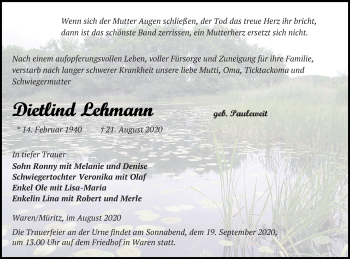 Traueranzeige von Dietlind Lehmann von Müritz-Zeitung