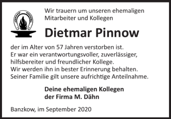 Traueranzeige von Dietmar Pinnow von Zeitung für die Landeshauptstadt