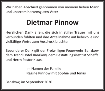 Traueranzeige von Dietmar Pinnow von Zeitung für die Landeshauptstadt