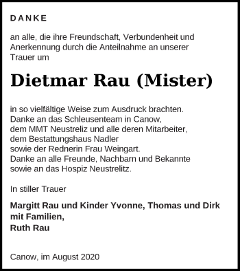 Traueranzeige von Dietmar Rau von Strelitzer Zeitung