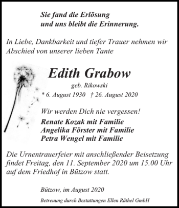 Traueranzeige von Edith Grabow von Bützower Zeitung