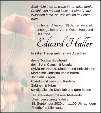 Traueranzeige von Eduard Haller von Müritz-Zeitung