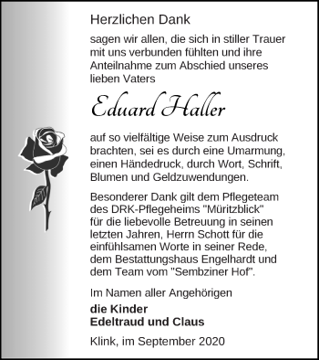Traueranzeige von Eduard Haller von Müritz-Zeitung