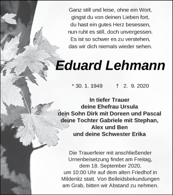 Traueranzeige von Eduard Lehmann von Strelitzer Zeitung