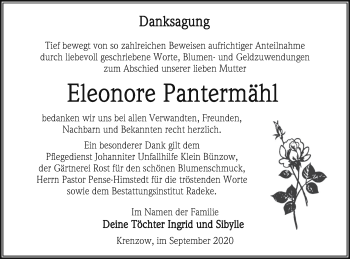 Traueranzeige von Eleonore Pantermähl von Vorpommern Kurier