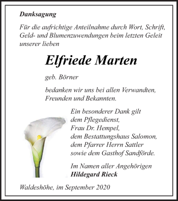 Traueranzeige von Elfriede Marten von Pasewalker Zeitung