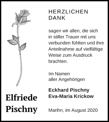 Traueranzeige von Elfriede Pischny von Müritz-Zeitung