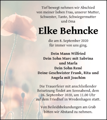 Traueranzeige von Elke Behncke von Müritz-Zeitung