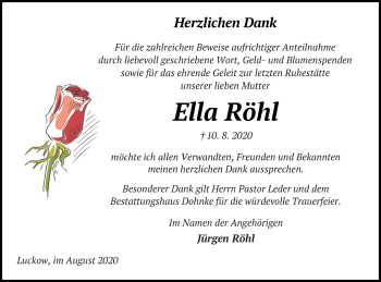 Traueranzeige von Ella Röhl von Haff-Zeitung