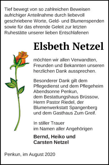 Traueranzeige von Elsbeth Netzel von Pasewalker Zeitung